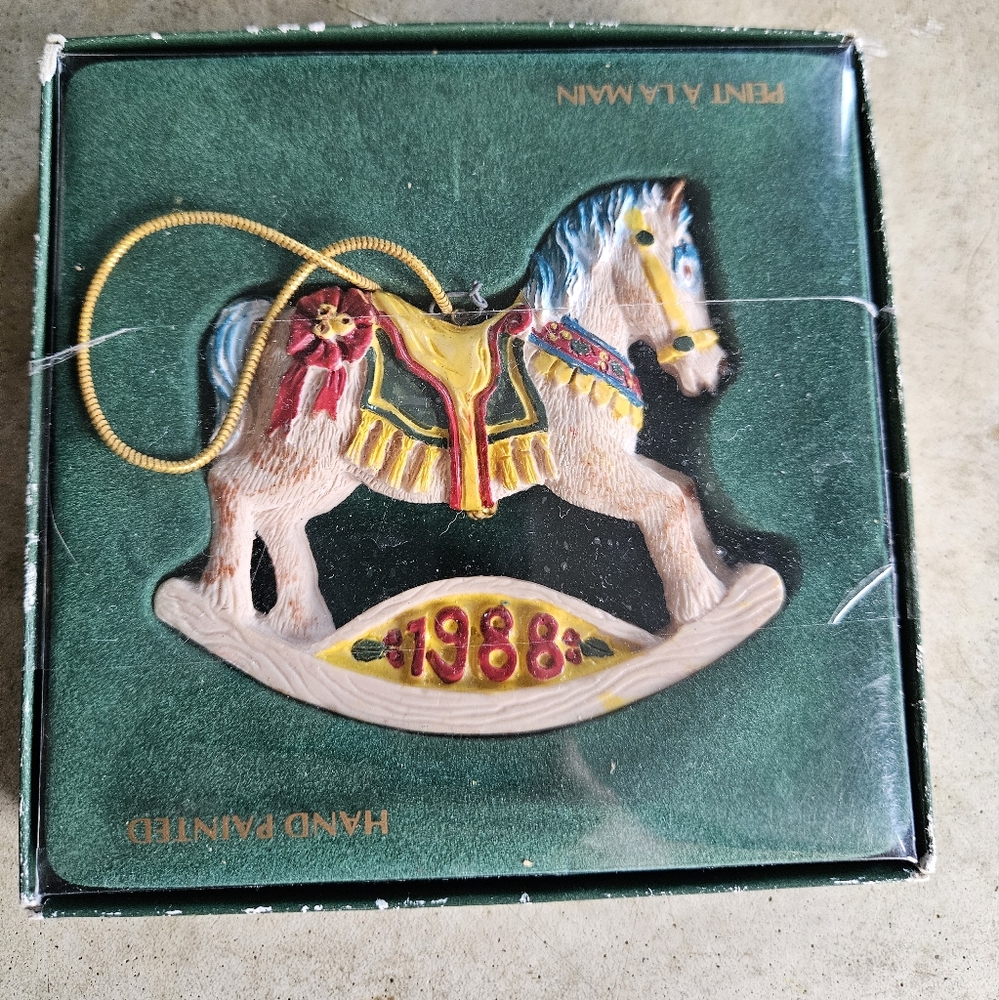 Vintage 1988 Eaton Christmas Treasure hand painted rocking horse ornament in box
